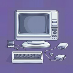 Fototapeta premium Vintage computer illustration with monitor, keyboard, and peripherals.