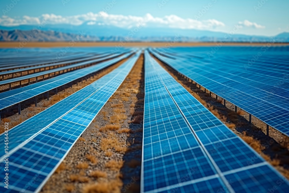 Poster close up shot of a large solar farm with rows of solar panels soaking up sunlight in a vast open fie