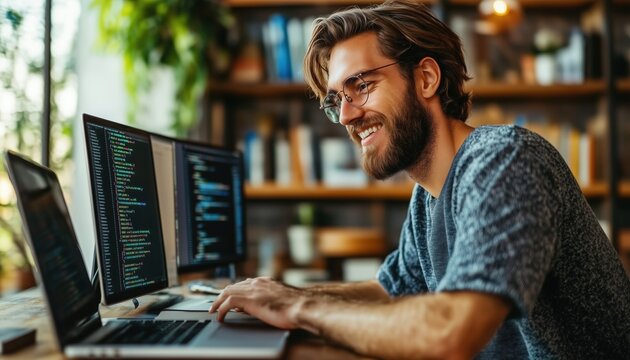 Smiling Young Full-Stack Developer Working Remotely On Laptop, Coding And Checking Database For Program Development With It Specialist Skills.