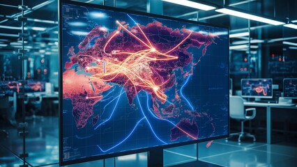 Obraz premium Futuristic Asia Map with Glowing Lines in Modern Lab