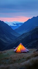 A cozy tent glows warmly in the mountains at dusk surrounded by misty peaks