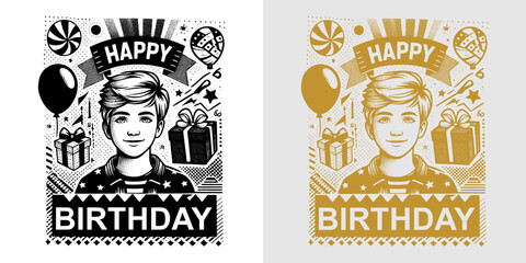 happy birthday card with stars and balloons design