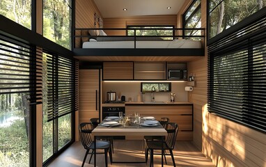 Interior design of a modern tiny house, with a dining table and chairs in the center of the room