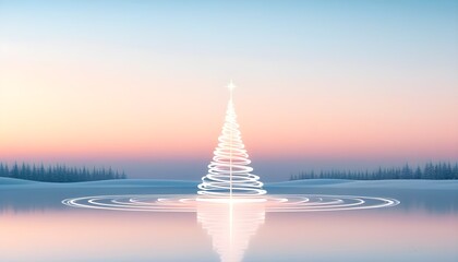 Glowing Christmas Tree Against Serene Winter Landscape at Sunset
