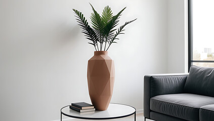 decorative clay vase sits near white stucco wall window minimalist modern living room setting