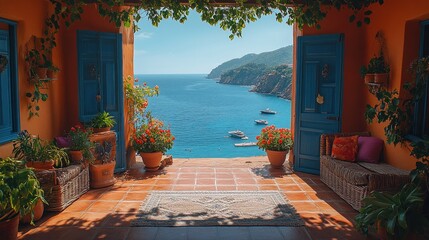 Fototapeta premium A vibrant coastal scene framed by colorful architecture and lush plants.