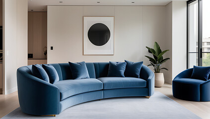 minimalist home features luxurious blue curved sofa modern living room setting elegant decor accents neutral colors