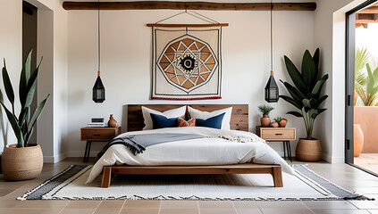 moroccan wall hanging modern bohemian bedroom eclectic touch adorns space rustic wooden bed frame