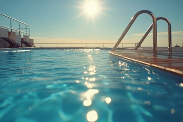 Obraz premium A bright sunny day at a rooftop pool with clear water and a beautiful sky overhead