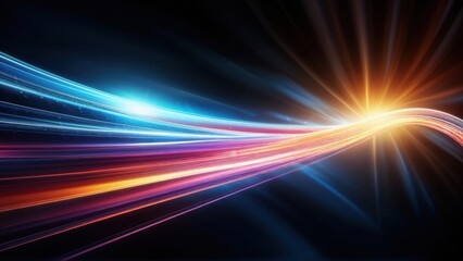 A vibrant abstract design featuring flowing light trails in various colors against a dark background.