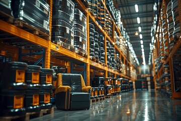 Obraz premium Detailed shot of advanced racking systems in a large warehouse, showcasing efficient storage solutions., cinematic, high contrasty, realistic 