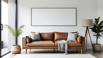rustic sofa sits large blank poster frame modern scandinavian style living room setting