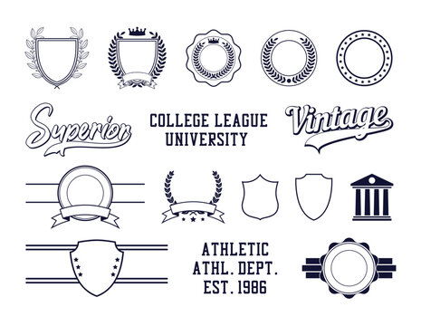 University and college graphic athletic design elements. Collection of vintage element for t-shirt, badges, logo, team emblem and other varsity designs. Set of shield, wreath, inscription.