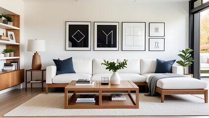 Fototapeta premium wooden coffee table sits white sofa surrounded shelves poster frames cozy modern cottage living space