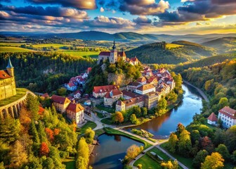 Drone Photography of the Czech Republic Landscape in 3D Render - Scenic Aerial View of Historical Sites and