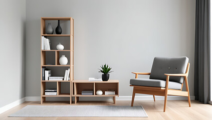 wooden shelf unit gray chair create modern scandinavian living room interior design