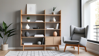 wooden shelf unit gray chair create modern scandinavian living room interior design