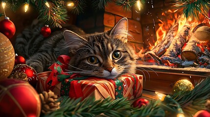 Cozy Cat Peeking from Gift Box by Fireplace