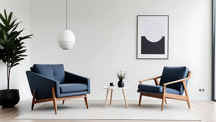 armchair sits white wall surrounded modern furniture large frame poster scandinavian style setting