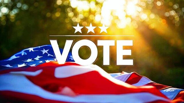 Patriotic Call to Action: Illuminated American Flag with 'VOTE' in Bold Letters Under Sunlit Canopy