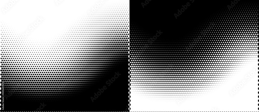 Poster abstract halftone dotted wave background. black dots on a white background and the same white dots o