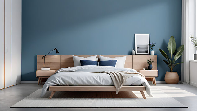 Fototapeta bed near blue stucco scandinavian style minimalist furniture accents natural textures