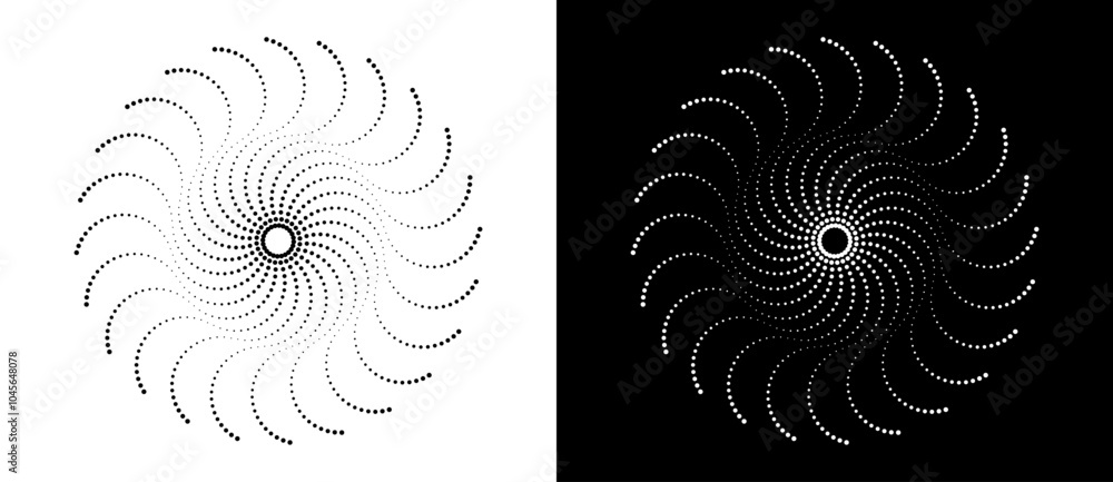 Poster Modern abstract background. Halftone dots like flower. Can be used as logo, icon or design element. Black dots on a white background and white dots on the black side.
