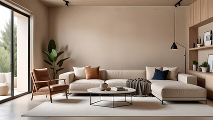 beige stucco wall features rustic minimalist home furniture placed create cozy living room atmosphere