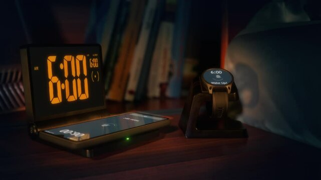 Digital alarm clock with phone charger and smart watch are waking up at 6 AM. The numbers on the clock screen changes from 5:59 to 6:00AM. Alarm goes off on the charging phone and the smart watch also