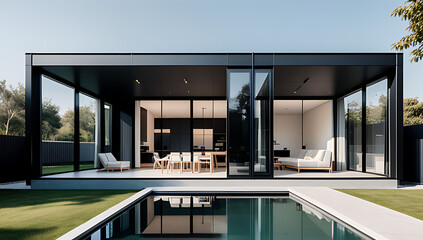 Fototapeta premium black metal glass walls surround modern modular residential villa sleek architectural design