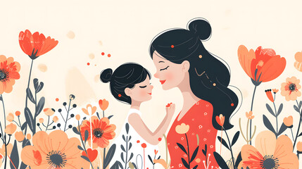 Illustration of mother with her little child, flower in the background, mother day daughter, copy space for text