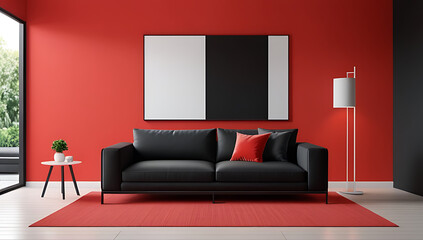 black sofa sits modern living room red wall door showcasing home design rendering details
