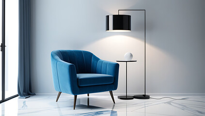 blue armchair sits marble table single floor lamp room rendering