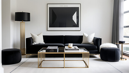 brass coffee table sits black sofa white wall large monochromatic poster art deco modern living space