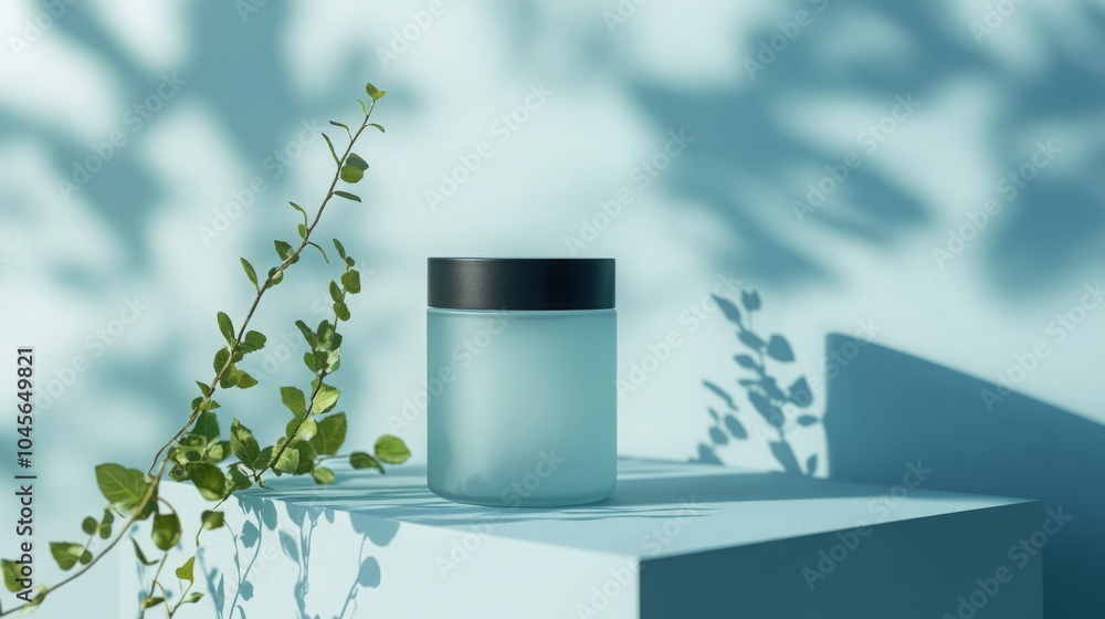 Leinwandbilder a frosted glass jar with a black lid is placed on a light blue platform. the jar is in the foregroun
