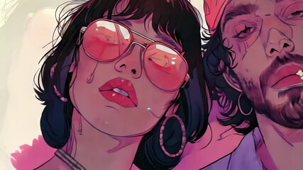 Stylish digital illustration of a man and woman with trendy sunglasses, capturing a retro and rebellious vibe in vibrant colors