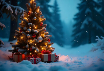 chrismas tree and gift with decoration and lighting in the snow jungle