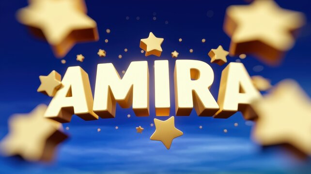 Colorful 3D Text: 'AMIRA' Surrounded by Shining Stars, Ideal for Branding and Entertainment