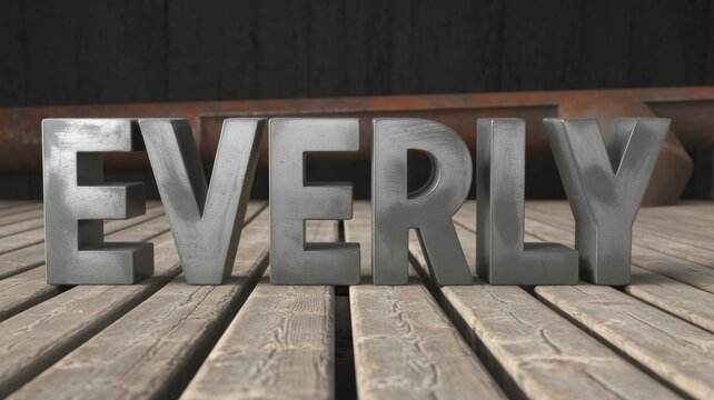 3D Text Rendering: The word 'EVERLY' in metallic letters against a wooden background, perfect for branding or artistic projects.