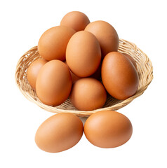 Top view of group of fresh brown chicken eggs in stack in wicker basket isolated with clipping path in png file format