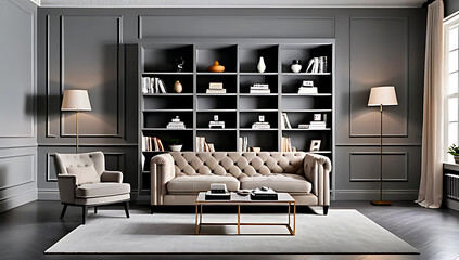 classical beige tufted sofa grey room bookshelf panels creates vintage classic modern living space atmosphere home today