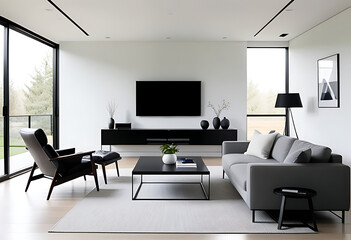 Fototapeta premium clean lines define simple modern living room tv sleek furniture setup