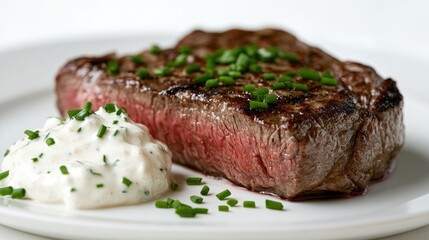 Delicious grilled steak with herb sauce on plate