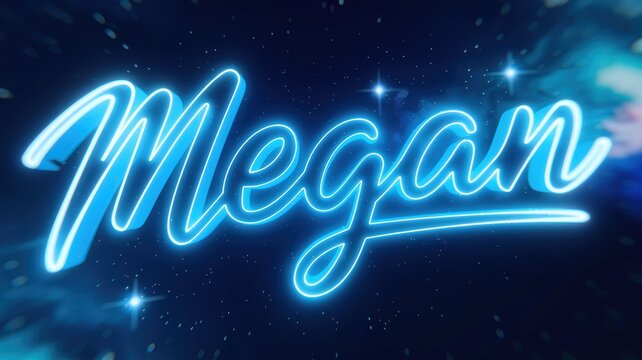 Vibrant Neon Typography: A glowing 'Megan' against a cosmic background, perfect for branding, posters, or graphic design projects.