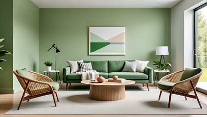 coffee table ellipse near light green sofa wicker chairs green walls create cozy scandinavian modern living room atmosphere