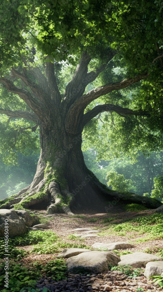 Poster A large tree with a mossy trunk and a path leading to it