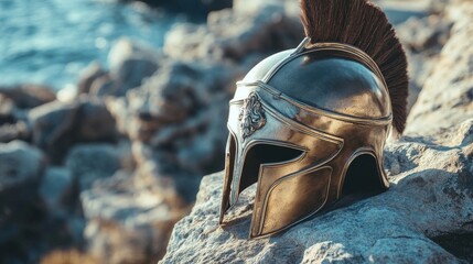 A silver Spartan helmet with a plume sits on a rocky beach.