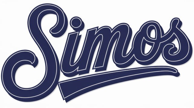 Stylized Script Logo Design: 'Simos' in Navy Blue, Perfect for Branding or Sports Apparel.