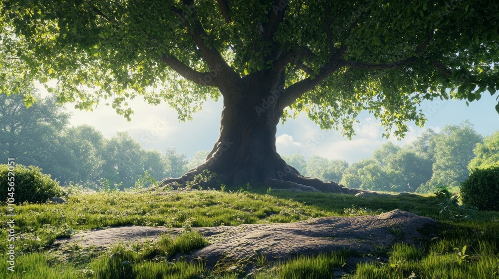 Poster a large tree is in a lush green field with a clear blue sky above