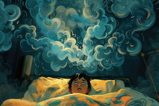 character lying in bed, staring at ceiling, surrounded by swirling clouds of thought and imagination. scene evokes sense of wonder and contemplation